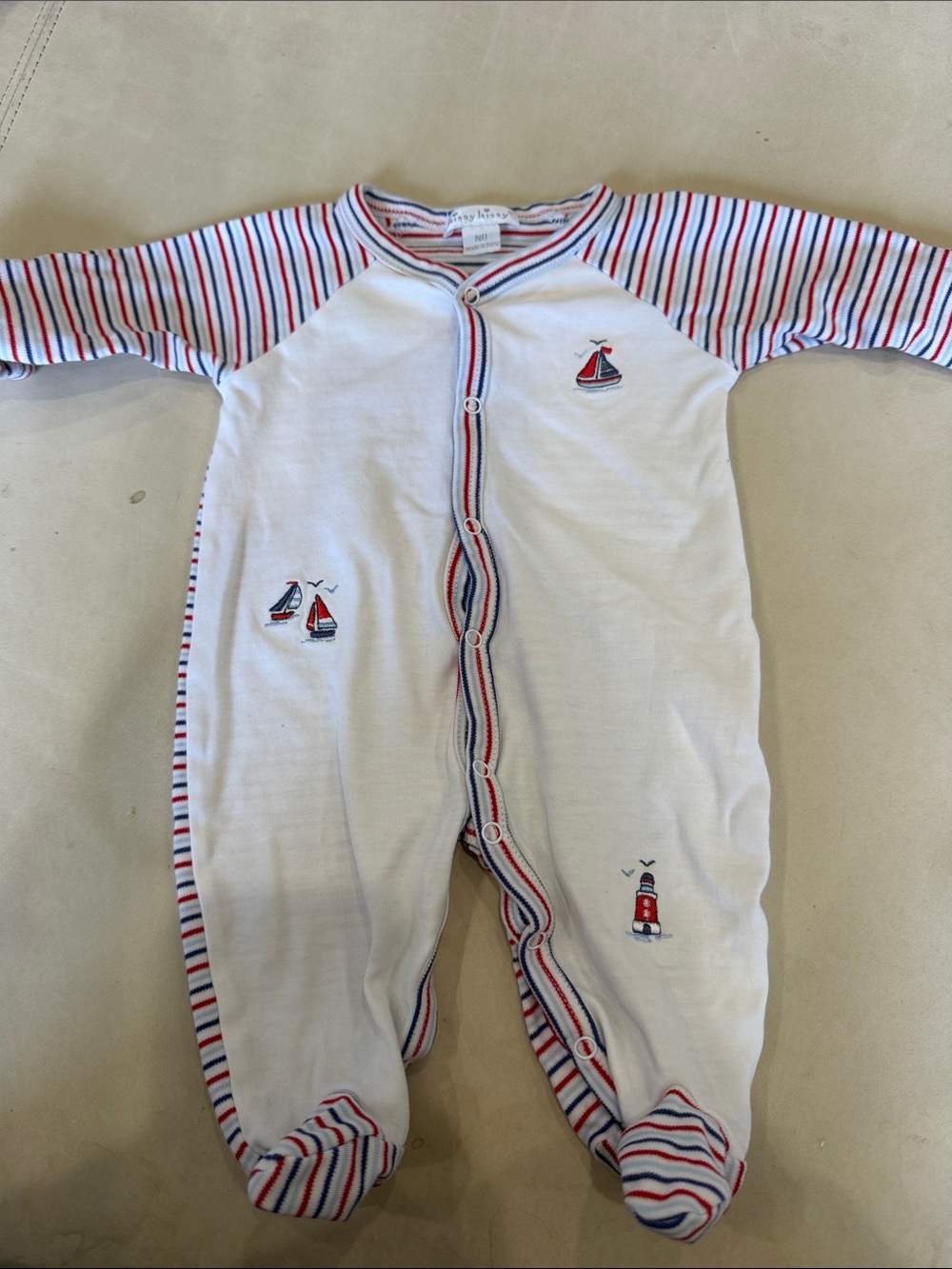 KISSY KISSY White Nautical Sailboat Footed One-Piece with Red & Blue Stripes NB